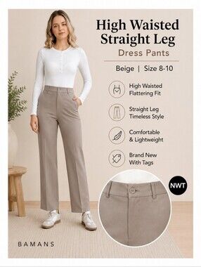 BAMANS High Waisted Straight Leg Dress Pants Beige Size 8-10 NWT Office Career